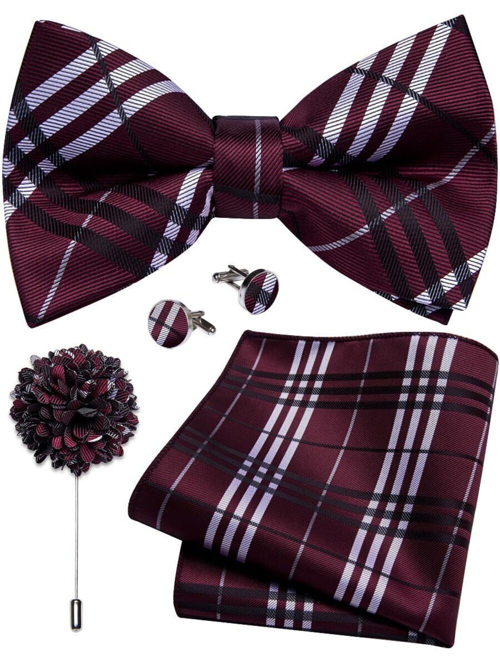 4633 Burgundy Bow Tie Plaid Pre-tied Tuxedo Bowties Pocket Square Cufflink